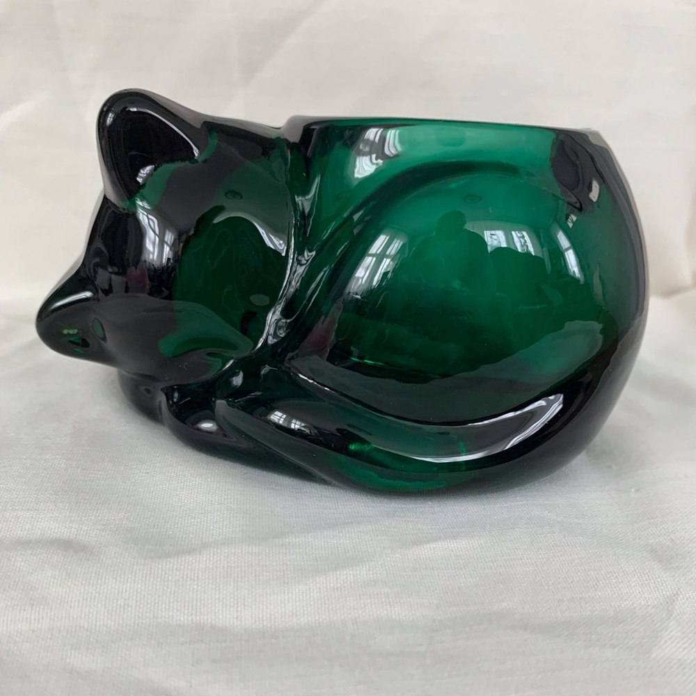 Vintage Indiana Glass Dark Green Sleeping Cat Votive Holder Paperweight